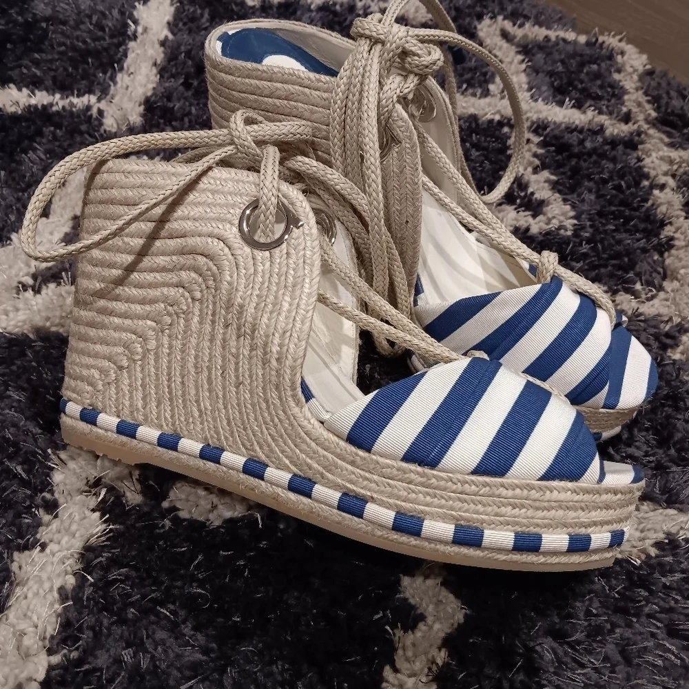 Salvatore Ferragamo 'Evita' Canvas and Rope Wedge Sandals 10M Semi New